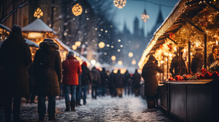 Obraz na płótnie Canvas People walk through the Christmas market in the evening. Golden bokeh with space for text