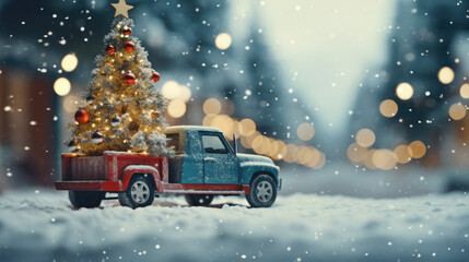 Blue retro pickup truck carrying a Christmas tree with space for text