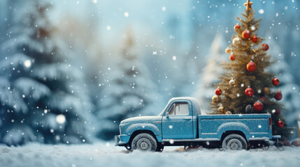 Blue retro pickup truck carrying a Christmas tree with space for text