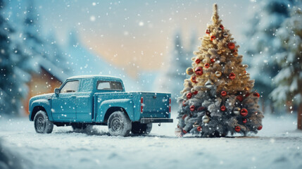 Blue retro pickup truck carrying a Christmas tree with space for text