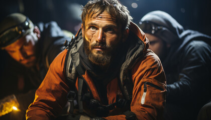 Young adult males in military uniform working outdoors generated by AI