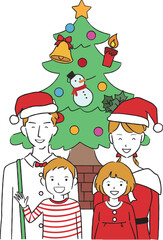 Obraz na płótnie Canvas 手書き風　クリスマスツリーの前で家族で記念撮影