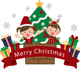 ポップな子供　クリスマスツリー　男の子と女の子