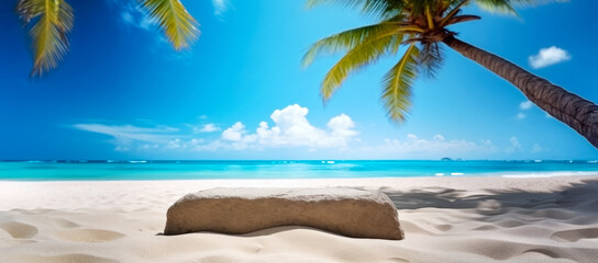 Tropical beach with fine sand, some palms near, calm sea with clear sky above. Stone podium - empty copy space template for vacation or holiday product. Generative AI