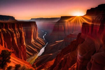 A majestic canyon at dawn, with the first rays of sunlight painting its walls in shades of orange and pink