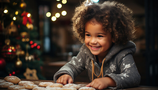 Smiling child looking at camera, enjoying Christmas cookie generated by AI