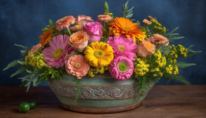 Obraz premium Fresh bouquet of multi colored flowers in rustic wooden vase generated by AI