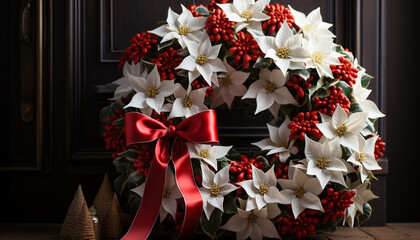 Winter celebration, poinsettia flower decorates Christmas wreath generated by AI