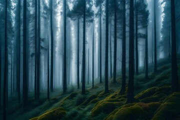 Fototapeta premium A dense, mist-covered pine forest, with trees standing like silent sentinels in the ethereal haze