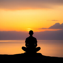 silhouette of a person meditating on the beach, sunset summer 