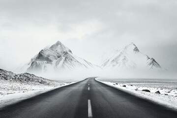 Solitary road amidst snow-capped peaks. Generative AI