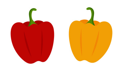 Two Bulgarian bell peppers - red and yellow. Fresh vegetables, harvest. Vegan food. Recipe ingredient. Farmer market product. Isolated objects. Color image. Flat style. Vector illustration
