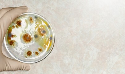colonies of microorganisms in a Petri dish in hand