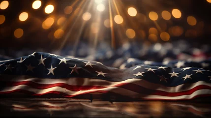 Foto op Plexiglas Sfondo con la bandiera americana USA a stelle e strisce, luci e particelle nell'aria © Wabisabi