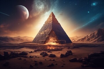 Surreal cosmic landscape featuring a multidimensional triangular portal with a pyramid. Captivating fantasy and sci-fi concept art. Generative AI