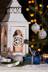 Abstract Advent Background. Christmas Decoration With gifts And Defocused Lights