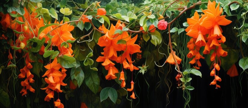 The Pyrostegia Venusta known as the Orange Trumpet Vine adds a vibrant burst of color to the garden with its stunning floral display creating a captivating backdrop against the lush green l