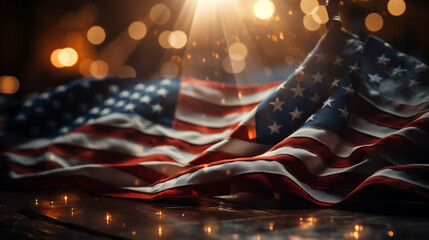 Sfondo con la bandiera americana USA a stelle e strisce, luci e particelle nell'aria - obrazy, fototapety, plakaty