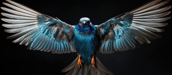 As the traveler gazed at the expansive black sky an awe inspiring beauty enveloped by natures backdrop the blue wings of the birds in flight captured through the lens of photography revealed