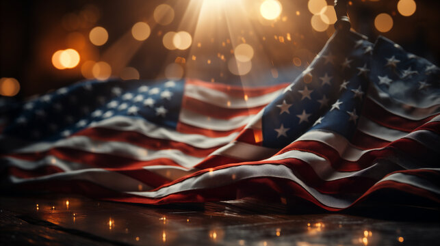Sfondo con la bandiera americana USA a stelle e strisce, luci e particelle nell'aria