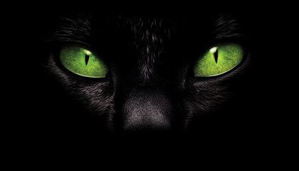 Fluffy kitten staring with spooky green eyes on black background generated by AI - obrazy, fototapety, plakaty