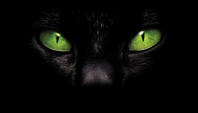 Fluffy kitten staring with spooky green eyes on black background generated by AI