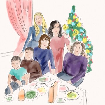 The family at the Christmas table. Christmas illustration. Ukrainian traditions of Christmas celebration	
