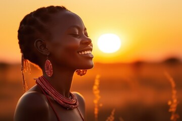 Backlit Portrait of calm happy smiling free black African woman with closed eyes enjoys a beautiful moment life on the African fields at sunset - obrazy, fototapety, plakaty