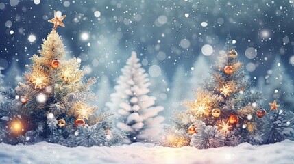 Fototapeta na wymiar Winter snowy forest with Christmas tree decorated with lights