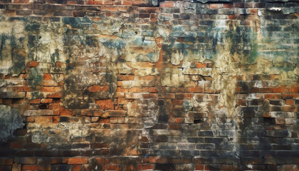 Weathered brick wall with rusty stains and textured orange backdrop generated by AI