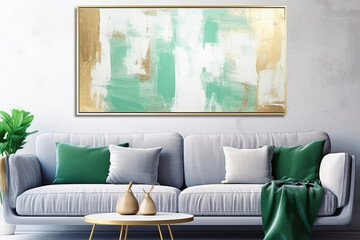 Modern room interior with an abstract painting in gray-green tones.