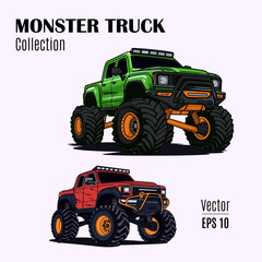 Set of vector different monster trucks. Colorful cartoon trucks on big wheels, toys for children © Matthew