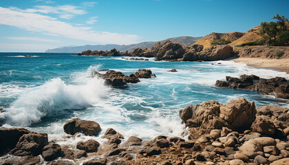 Fototapeta na wymiar Coastline wave breaking on rocky cliff, tranquil seascape generated by AI