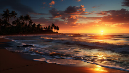 Sunset over the tropical coastline, waves crash generated by AI