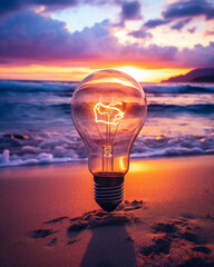 bright light bulb on the beach on sunset