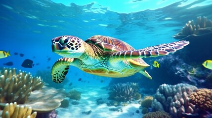 Fototapeta na wymiar lovely sea turtle cruising around reef