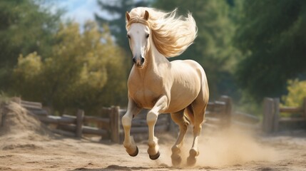 Palomino horse shows off while prance - obrazy, fototapety, plakaty