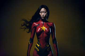 Fototapeta na wymiar Female chinese superhero. Asiatic lady in superhero suit