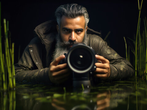 a man hiding takes pictures standing in the water among the green tall grass