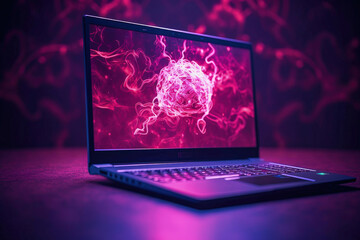 Neurons on a laptop screen in a purple neon room. The concept of artificial intelligence development. - obrazy, fototapety, plakaty