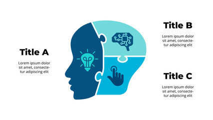 Artificial Intelligence. Infographic Template. Puzzle Cyborg Head Illustration. 3 Steps, Options. Human or Robot Face. Educational Creative Concept.