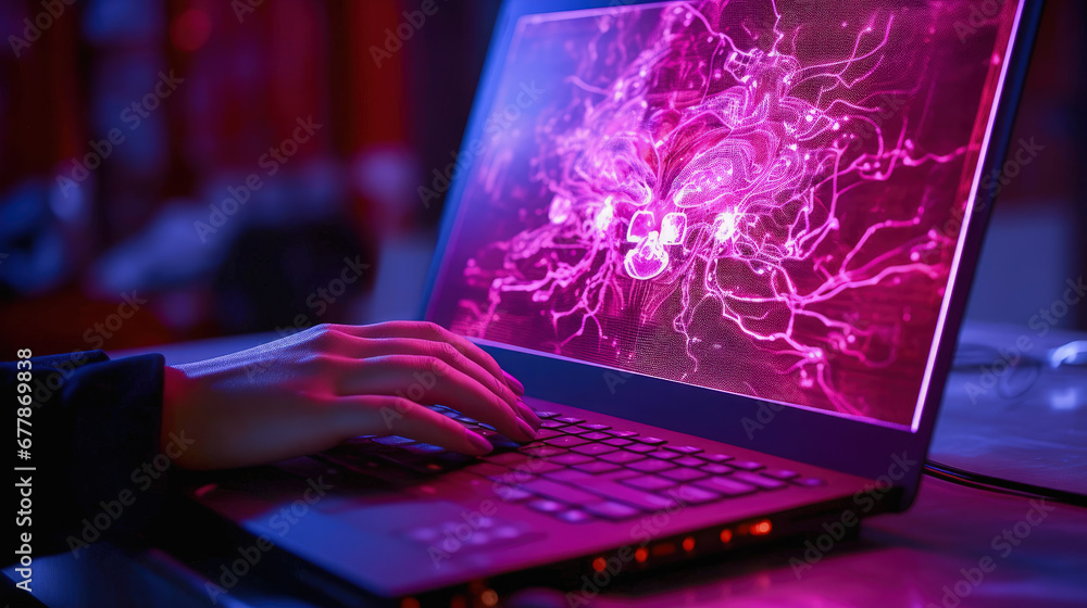 Poster human hands typing on a laptop with artificial intelligence. the concept of artificial intelligence 