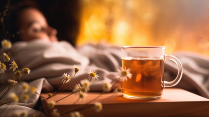 Close-up of a chamomile tea or sleep infusion in a bedroom with a person peacefully sleeping on the background over the bed. - obrazy, fototapety, plakaty