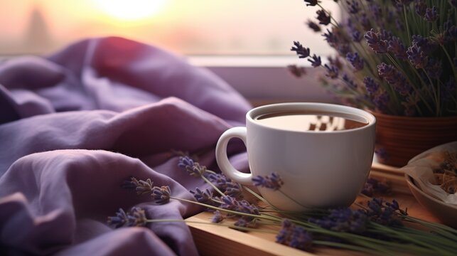 Close-up of a cup of lavender tea or sleep infusion next to a purple bed and decorated with lavandula flowers