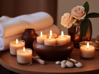 Obraz na płótnie Canvas Scented candles on the table in the spa room Beautiful composition with warm brown tones.