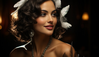 Beautiful woman with curly brown hair and gold necklace generated by AI