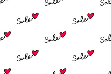 Seamless pattern with Sale word and red hearts isolated on white backdrop. Design template for fabric,cloth, textile,print,gift wrap and decor.