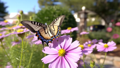 Swallowtail butterfly pollinates pink cosmos, showcasing natural beauty in springtime generated by AI