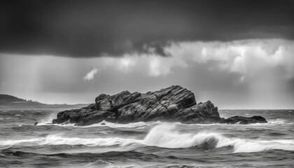 Dramatic coastline, crashing waves, rough surf, monochrome beauty in nature generated by AI
