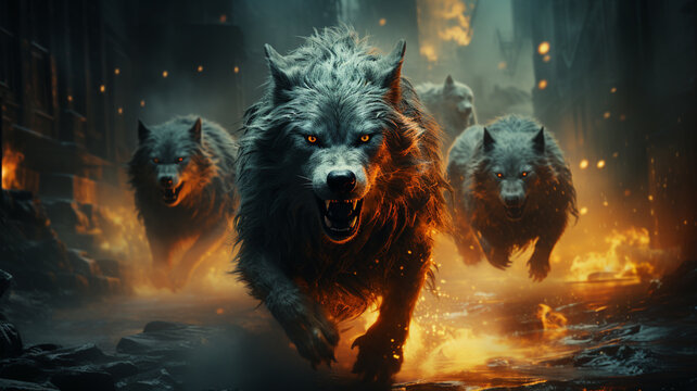 digital illustration of a wolf running in the forest